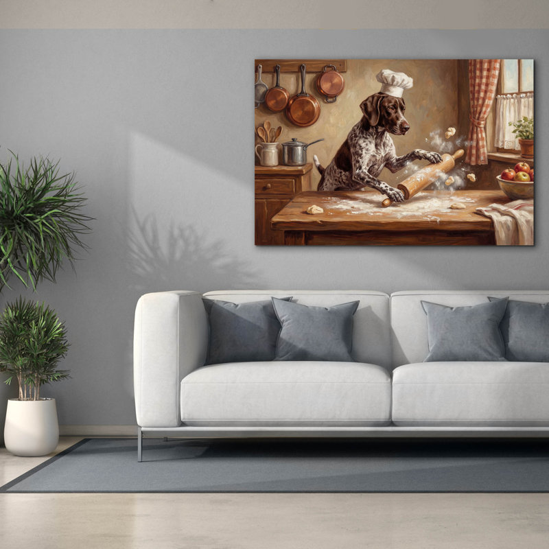  «German Shorthaired Pointer In The Kitchen» par Rich Monet, art mural sur toile, 60 po x 40 po, H 40 po x l 60 po