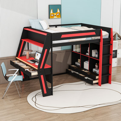 Loft Bed with Desk, LED Lights, USB Charging Ports, 6 Storage Cubbies and 6 Drawers