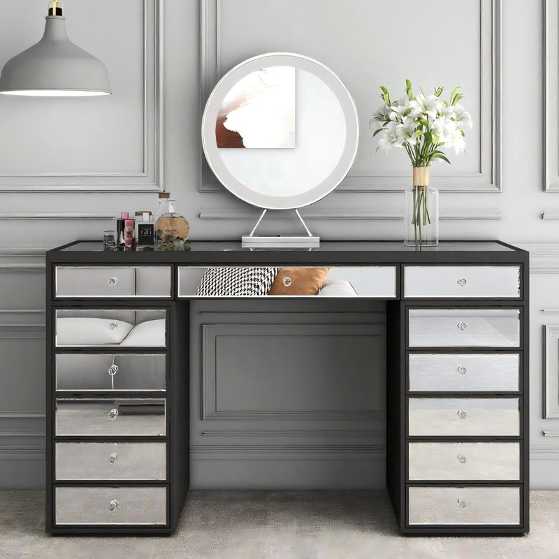 Meuble-lavabo à miroir 51 po avec 13 tiroirs style Hollywood, Noir