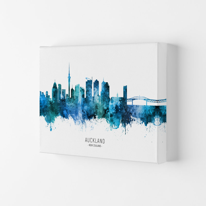 Auckland New Zealand Skyline Blue City Name by Michael Tompsett - Print, 21cm H x 29.7cm W x 4cm D, Wrapped Canvas
