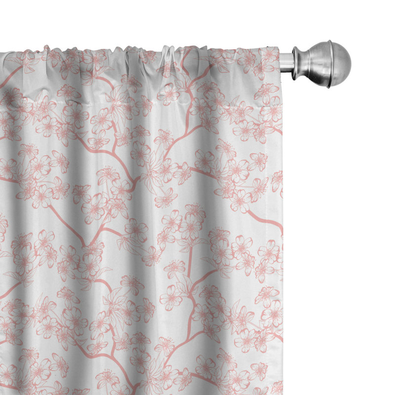 Cherry Blossom Panel Curtain, Retro Revival Sakura Pattern in Soft Color Chinese Japanese Culture Art, Lightweight Window Treatment Living Room Bedroom Decor, Coral White Semi-Sheer Rod Pocket Sliding Panel