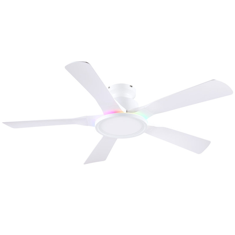 52" Flush Mount Ceiling Fan With Rgb Ring Light, White, White