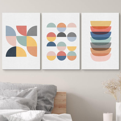 " Multicolor Pastel Semi Circles And Polygons Abstract Shapes Modern Nordic Mid-Century " 3 - Pieces
