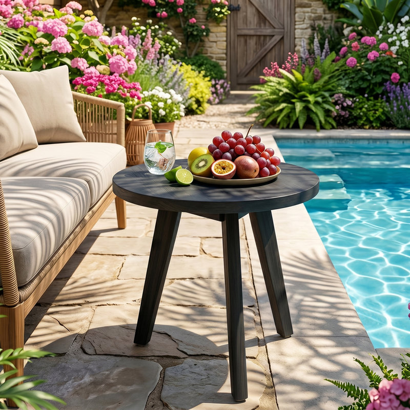 Acacia Wood Round Outdoor Patio Side Table 15.75 in W., Black Top/Black Base