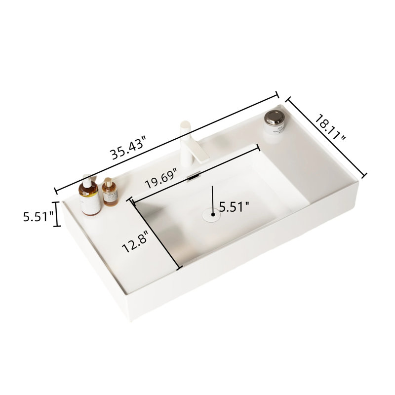 36" Bathroom Vanity With Vessel Sink, Rectangular Acrylic Basin White. Natural Wood Elements And Functional Shelf Units Basin. Modern Look Handy Storage Options
