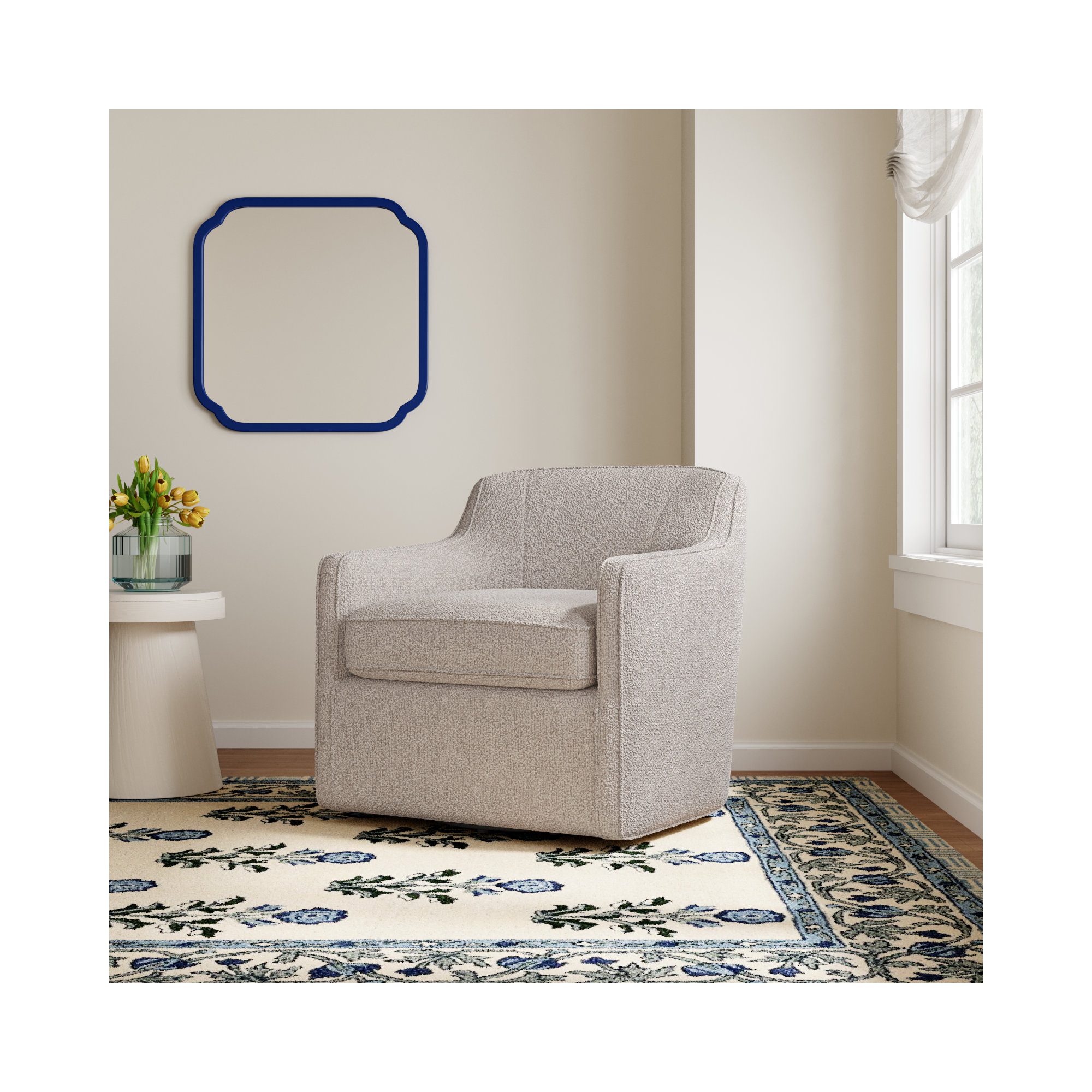 Marietta Upholstered Swivel Armchair, Davis Fog Performance Bouclé