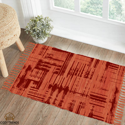 Tapis intérieur / extérieur abstrait en coton tressé à la main 2 pi x 3 pi abstrait rouge / brun
