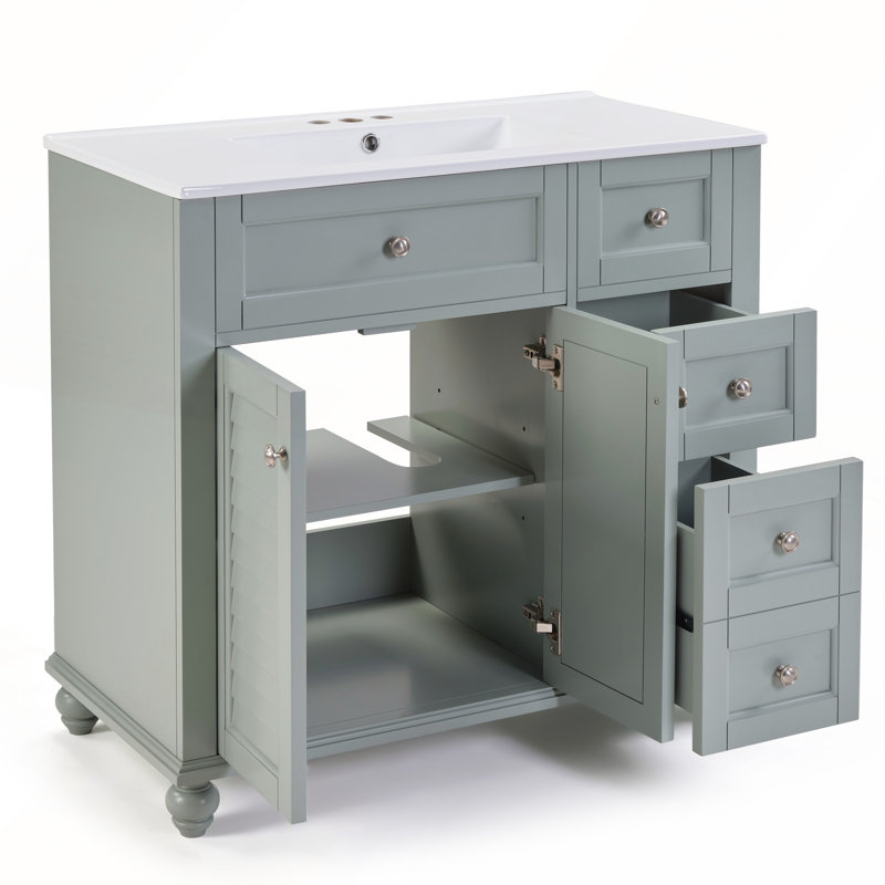 Meuble-lavabo bleu et gris 36 po avec lavabo en céramique, tiroirs à fermeture en douceur, structure en bois massif et rangement multi-organisateur
