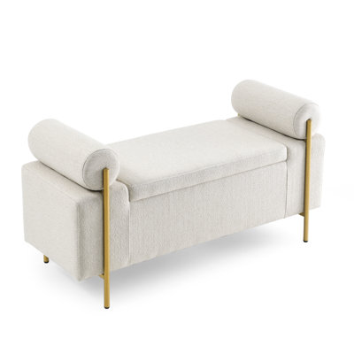 Elegant Upholstered Linen Storage Bench With Cylindrical Arms And Iron Legs For Hallway Living Room Bedroom