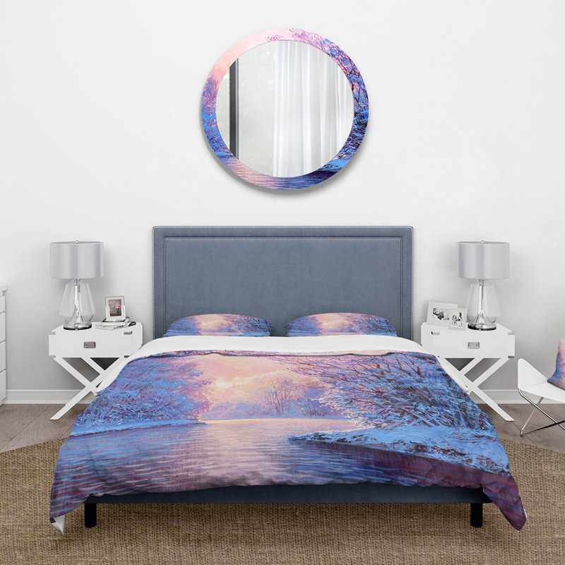 Winter Landscape With The River Original - Ensemble de housse de couette Lake House - Microfibre de polyester