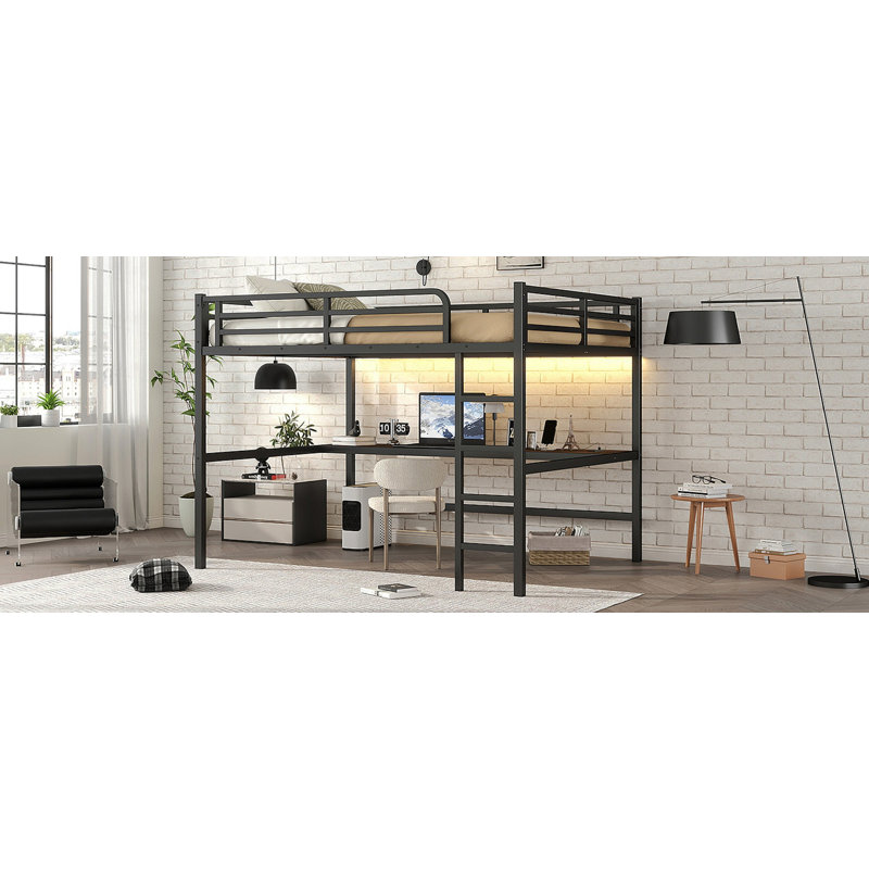 Metal Queen Size Loft Bed With Power Outlet And LED Lighted, Space-Saving, Noise Reduced, Black