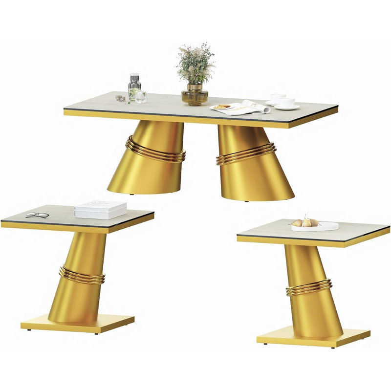 3 Piece White Glass And Gold Living Room Table Set