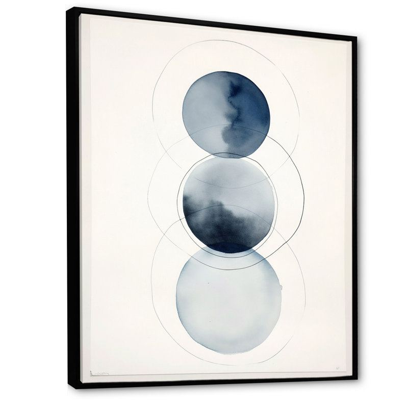 «Essential Circles Retro», aquarelle bleue sur toile, Cadre flottant noir, H 44 po x l 34 po
