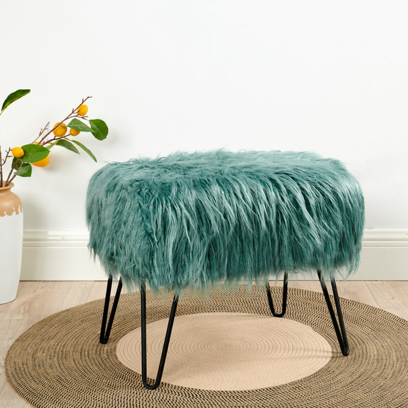 Keilia Upholstered Ottoman, Oil Blue Faux Fur