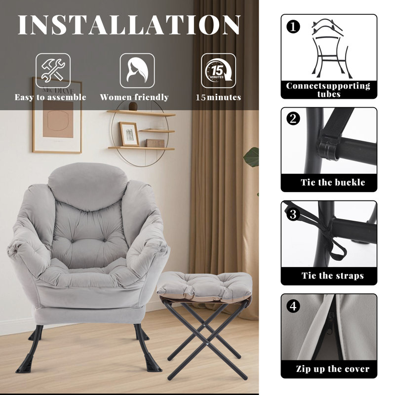 Upholstered Armchair With Footstool, Grey