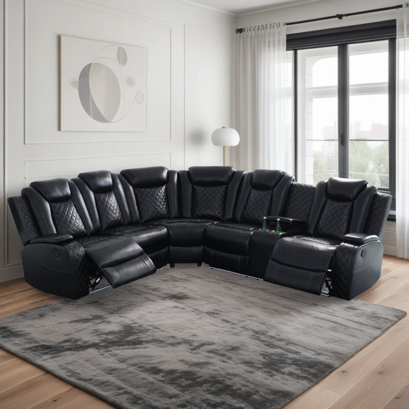 Ensemble de canapé inclinable électrique en cuir 3 pièces noir avec charge USB, console de rangement et porte-gobelets - Canapé modulaire inclinable électrique moderne pour le salon