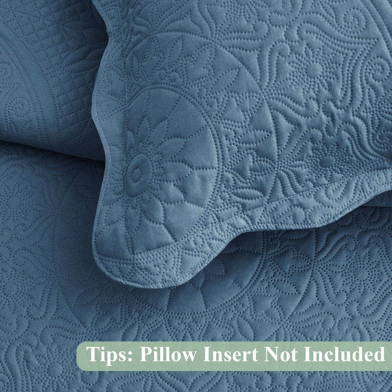 Floral Embossed Microfiber Quilt Set Pre-Washed  Soft Bedspread, Washed Blue, Queen Bedspread + 2 Standard Pillowcases