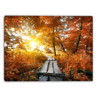 Sunlit Rustic Footbridge Wrapped Canvas Wall Art