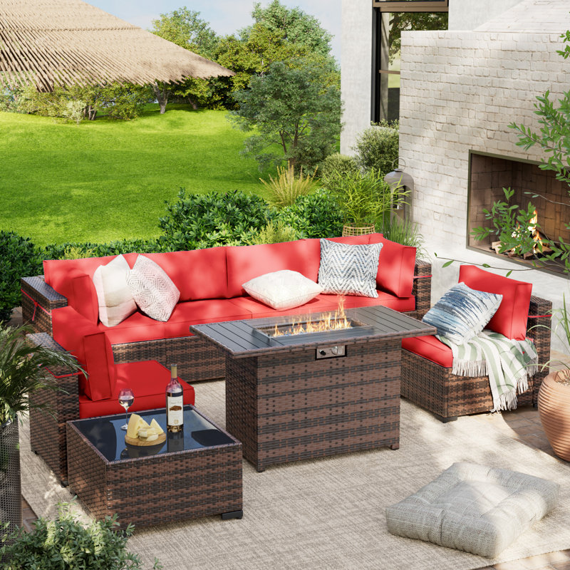 Ensemble de terrasses 8 pièces avec foyer Benboe, Cadre brun / coussin rouge vif