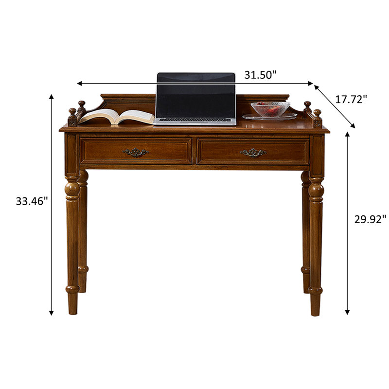 Bureau d'écriture rectangulaire 31,50 "à 2 tiroirs en bois massif brun, H 33,46 po x l 31,5 po x P 17,72 po