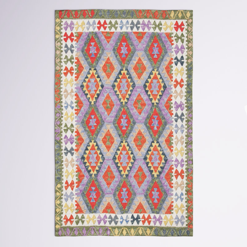 Tapis touffeté à la main de style sud-ouest Horwich en mauve / blanc / vert, Rectangulaire 3 pi x 5 pi