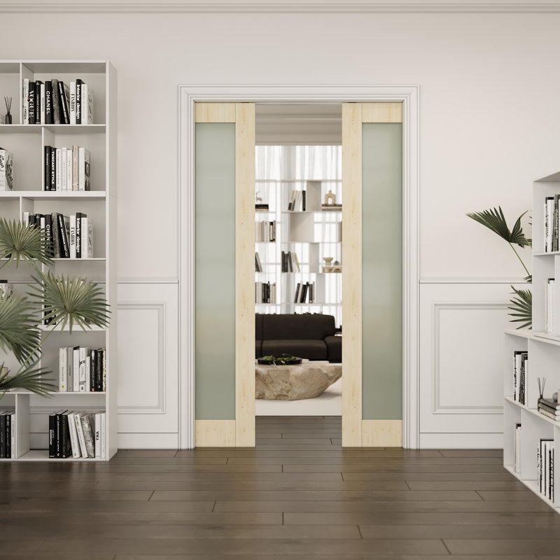 1-Lite Frosted Pocket Door Pine Solid Core Sliding Double Pocket Door For Bedroom With Hardware/Soft Close, 56" x 80"
