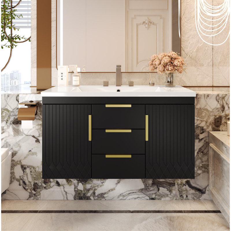 36" Wall-Mounted Bathroom Vanity - Resin Sink & 2 Drawers, Wood Cabinet