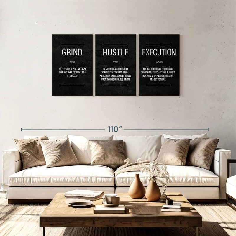 " Grind Hustle Execution Typography " 3 - Pieces, 36" H x 74" W x 1.25" D