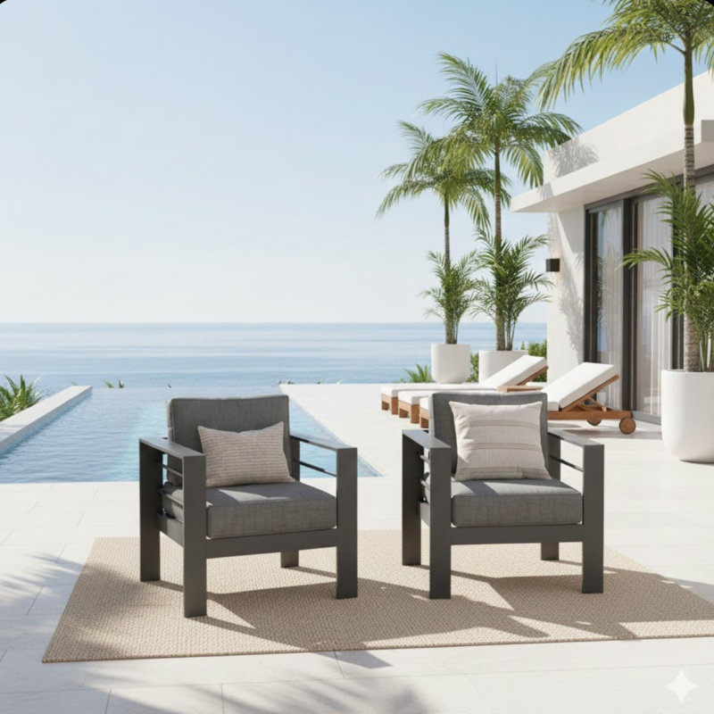 2-Pack 28" All-Weather Aluminum Patio Armchairs With Thick Dark Gray Cushions & Gray Frame, Dark Gray Cushion/Gray Frame
