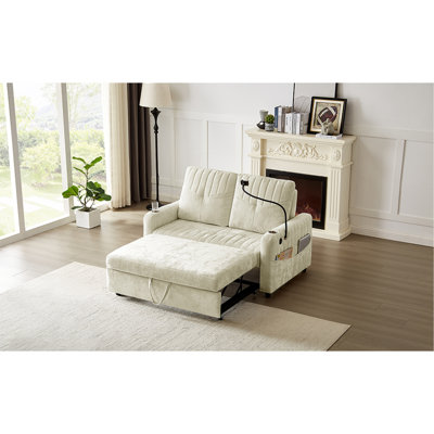 53.9" Modern Loveseat Pull-Out Sofa Bed With Adjustable Backrest, Two Cup Holders, A Phone Holder, Three Charging Ports And Side Storage Pockets For Living Room, Beige