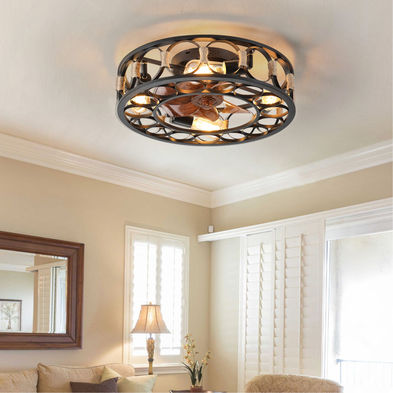 Caged Ceiling Fan With Lights Remote Control, Pendant Lights, 5 Lights, Black