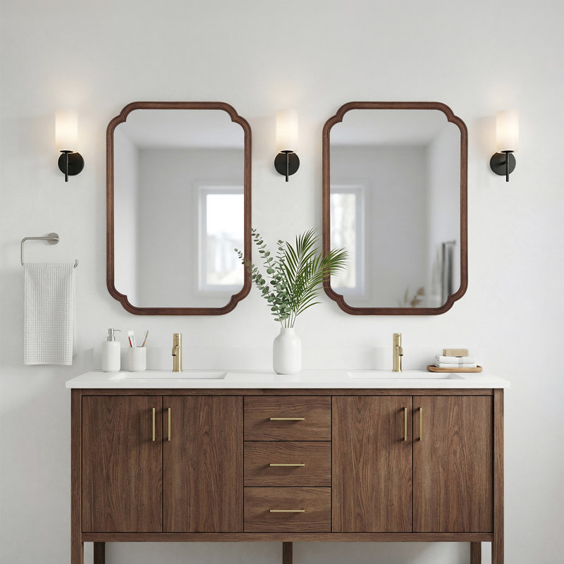 Ali Solid Wood Scalloped Wall Mirror, 36" x 24", Walnut, 1