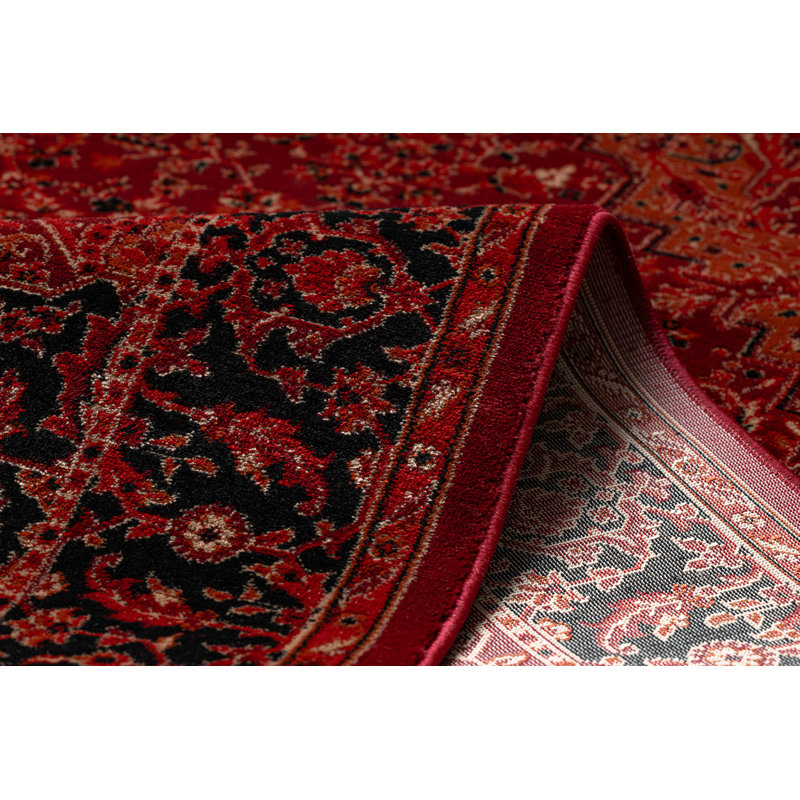 Luca Y307 – Elegant rug with fringes in burgundy & black – Classic Lucaal rug with ornamental & frame pattern