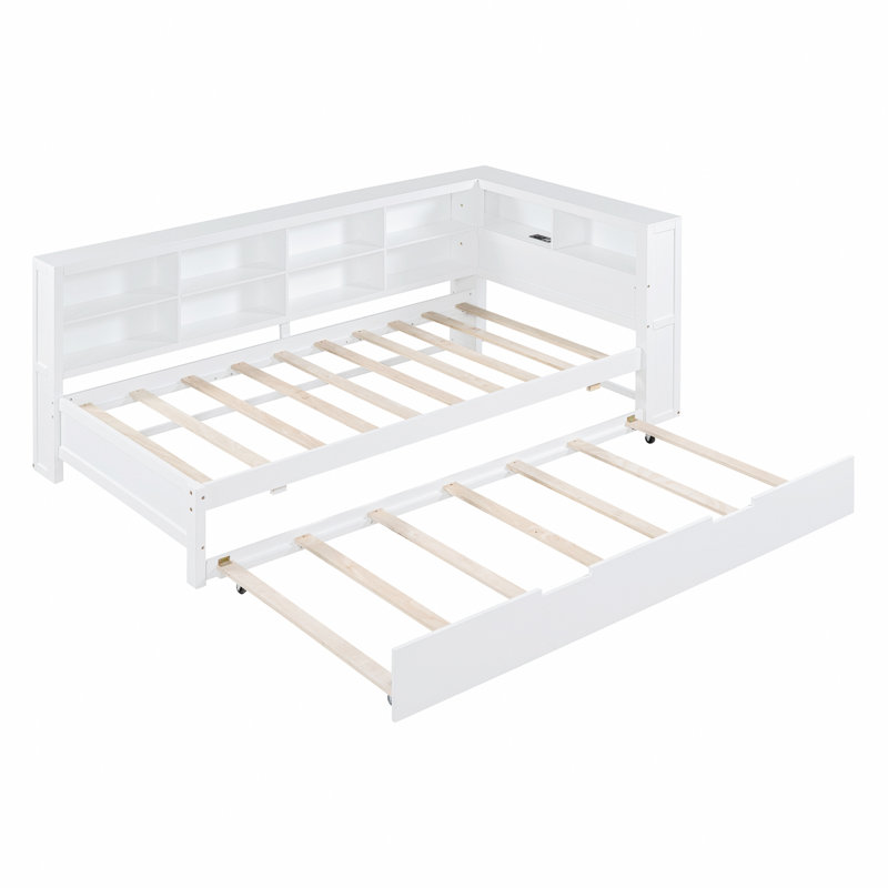 Lit de jour simple en bois avec lit gigogne simple, lit de jour avec tablette de rangement et ports de chargement USB, Blanc