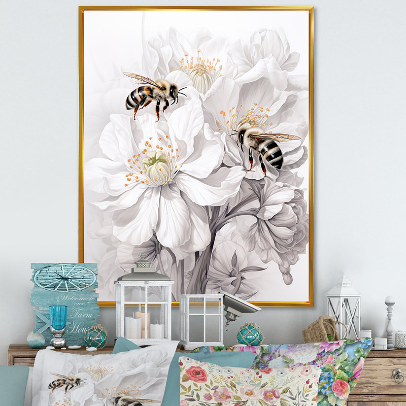 «Buzzing Bees Flowers 4 - Insectes & Bugs», art mural, Cadre flottant doré, 20" H x 12" W