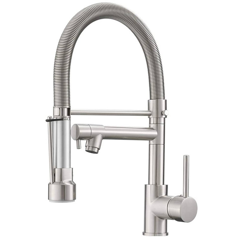 Robinet de lavabo de cuisine commercial avec douchette rétractable en laiton brossé moderne à un trou, robinets de lavabo monocommande à grande arche avec robinet