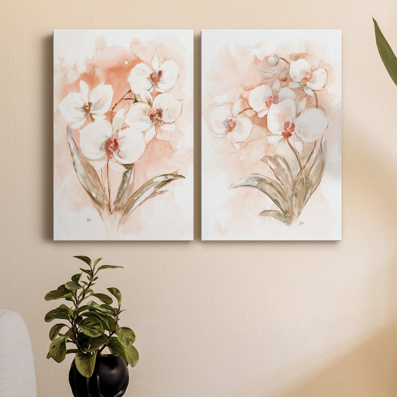 «White and Coral Orchid I», ensemble de 2 peintures sur toiles, H 18 po x l 24 po x P 1 po, Toile tendue