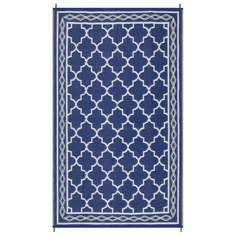 Outdoor Rug 6x9 Reversible Portable Plastic Straw Camping Rugs Waterproof Mat Outdoor Rug for RV Patio, Backyard, Deck, Picnic, Beach, Trailer, Navy/White(Geometric)