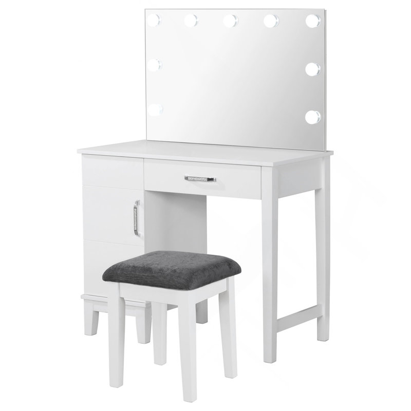 White And Dark Grey Vanity Set With Lighting And Stool