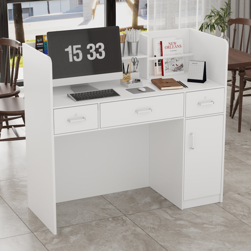 Reception Desk With Lockable Drawers Reception Counter Office Front Desk, White