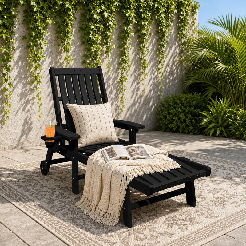 Dareona Outdoor HDPE Adjustable Reclining Chaise Lounge Chair With Wheels & Cup Holder, Black