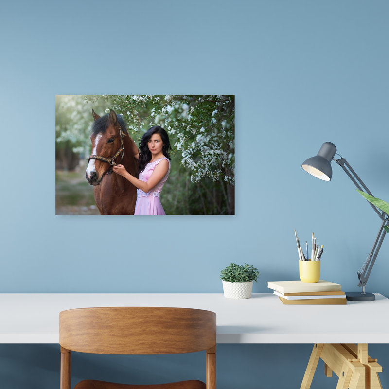 Woman And Horse In Spring Elegant Peaceful Serene Horse Nature Portrait Wall Art Print 1 Piece Wrapped Canvas Wall Art