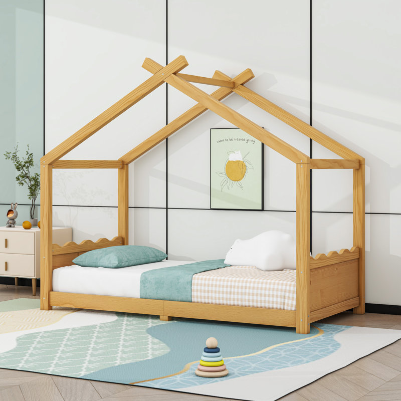 Wood House Floor Bed With Slats, Natural, Twin