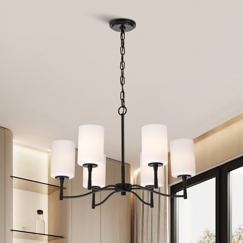 Lustre en verre opale Liam, Six lumières, H 16,38 po x l 25 po x P 25 po, Noir mat