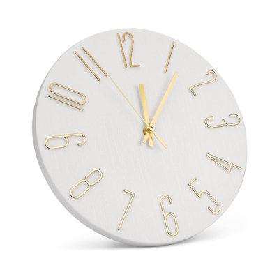 Wall Clock 12 Inch Silent Non-Ticking Imitation Wood Indoor Clock Round White Decor Clock Modern 3D Figures Quartz Wall Clocks For Home, Hotel, Office, School, Bedroom, Living Room, Kitchen