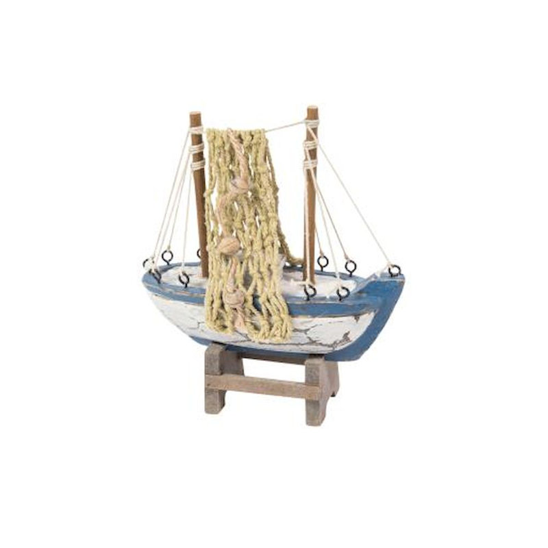 Bateau de pêche en bois Rea avec filet, sur un support