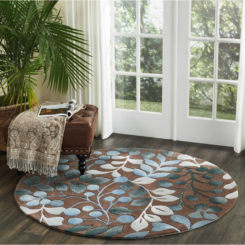 Tapis touffeté à la main bleu turquoise / moka / blanc cassé / vert sarcelle Brittni, Rond 8 pi