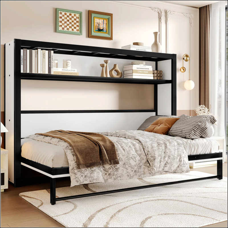 Lit escamotable simple avec tablettes, Blanc cassé