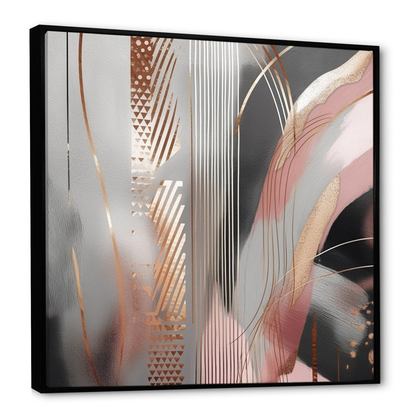 «Pink Rosegold Circle Complexity I - Abstract Modern Shapes», art mural transitionnel, L 30 po x H 30 po, Cadre flottant noir