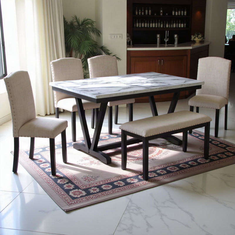 Ensemble de salle à manger moderne de 6 pièces avec table, 4 chaises et banc, plateau en placage marbre et pieds en forme de V, blanc
